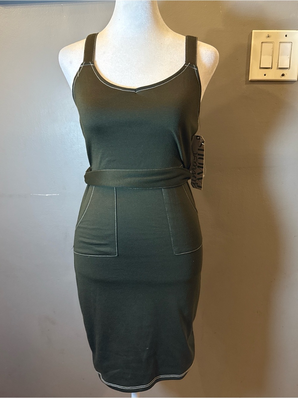 Almost Famous Olive Green Sleeveless Midi Dress with Belt
